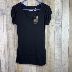 Allison Brittney Size Small Ribbed Burnout Black V-Neck Tunic Short Tab …